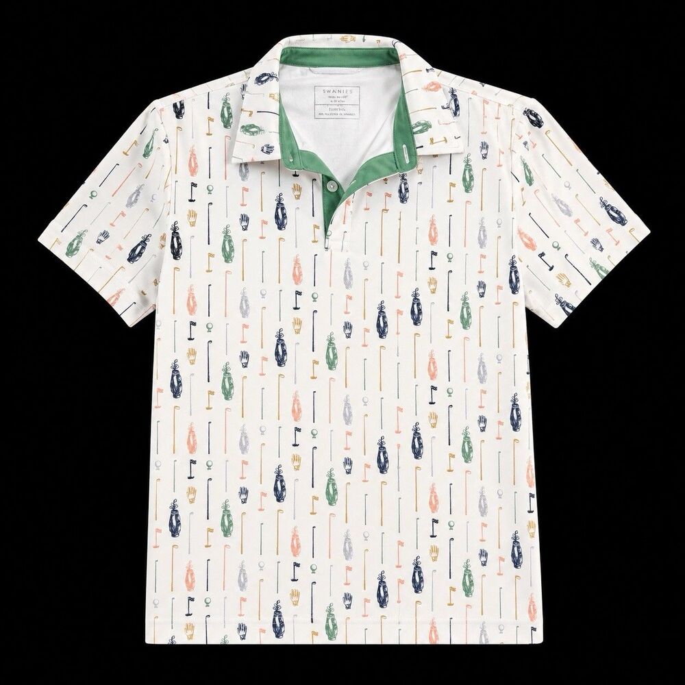 Swannies Louie Golf Polo Club Print Preppy Sporty Golfcore White Green 10/12